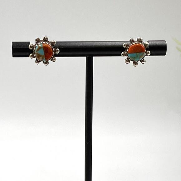 Sterling Silver Signed Designer Turquoise and Coral Small Stud Pierced Earrings - Picture 1 of 10